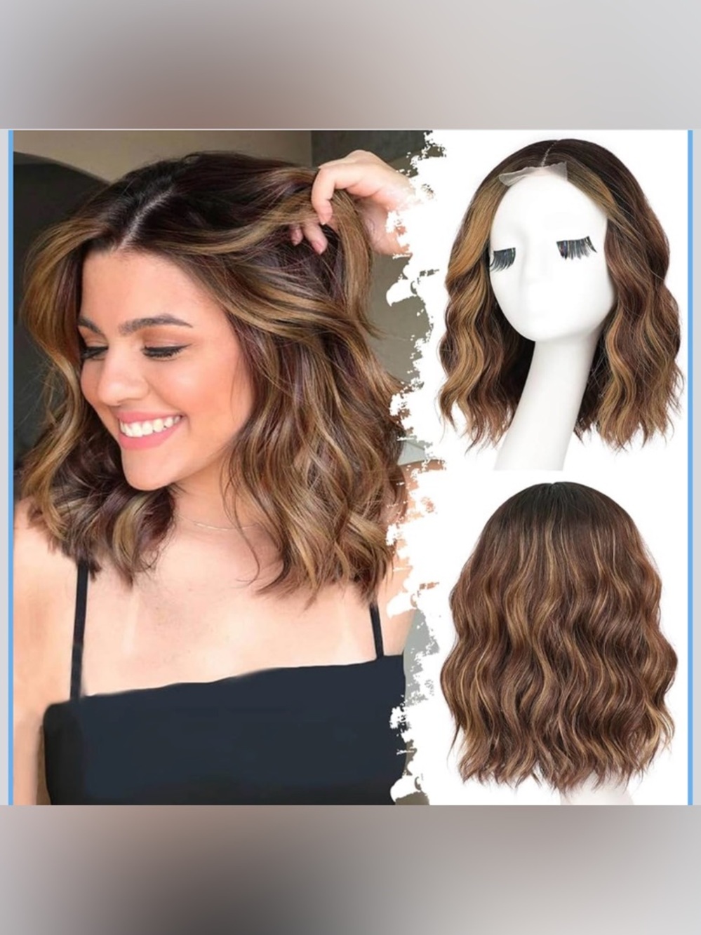 NWT Eawwii Brown Highlight Short Wavy Wig for Women Lace Hairline Bob Style
